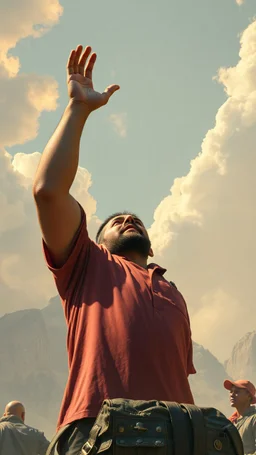 A giant man letting a bid above his head