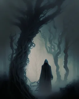 A haunting and mysterious composition of a forest shrouded in mist, with gnarled trees and twisted vines, and a hooded figure walking slowly into the distance, with a faint glow emanating from their hand.