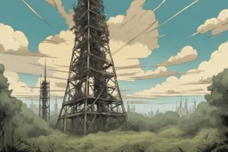 radio tower, overgrown apocalyptic, background, comic book,