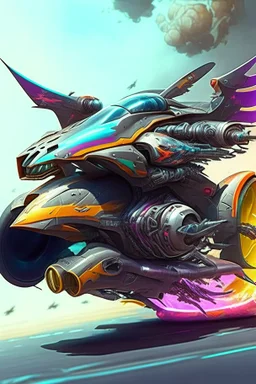 A combination of ultra-advanced car and crazy Max fighter, super sporty, with color and nano technology An advanced motorcycle with four wheels and a turbo jet in the back with rockets and machine guns,At war with humans