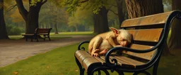 master oil painting by Rembrandt, rc gremlin sleeping on a bench in the park