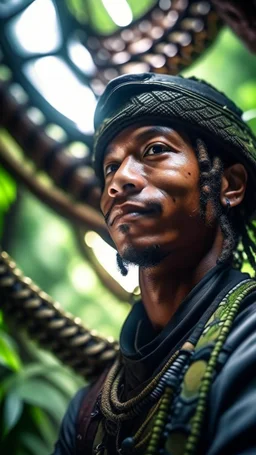 close up portrait of a happy blessed buffalo soldier in a space alien mega structure with stairs and bridges woven into a sacred geometry knitted tapestry hammock over an ant hill in the middle of lush magic jungle forest, bokeh like f/0.8, tilt-shift lens 8k, high detail, smooth render, down-light, unreal engine, prize winning