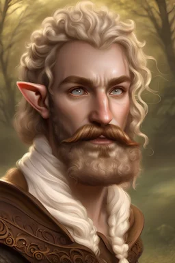 A realistic portrait of an Elven nobleman. He has salt and pepper hair and a mischievous smile. He has a curly mustache. He wears a flower boutonniere. There are autumn trees with falling leaves in the background.
