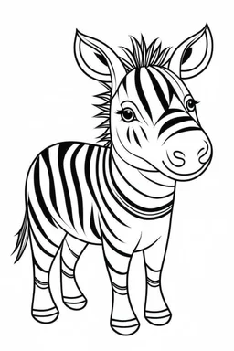 little Zebra, with black and white stripes, add a touch of beauty to the plains, clean line art, white background, no shadows, well outlined, for kids coloring book, cartoon style.