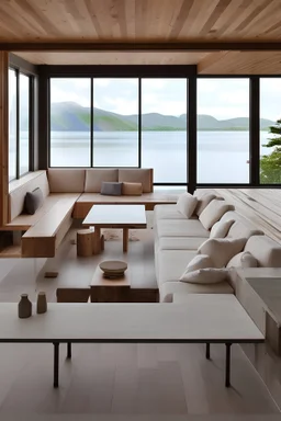 Intérieur cuisine Maison montagne design bois et béton. Grand canapé couleur blanche devant baie en verre avec vue sur un lac Lumière soleil couchant