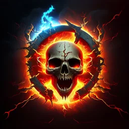 fiery fiery skull inside an ellipse and with lightning around it