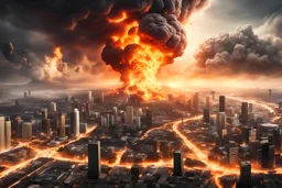 create a wildly imaginative otherworldly, chaotic total destruction of Los Angeles amidst a swirling firestorm from a super massive asteroid impact, highly detailed, digital composite, 8k,