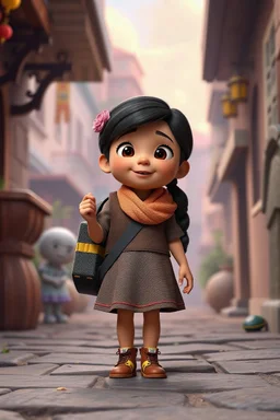 A three-year-old girl visiting peru in pixar 3d style