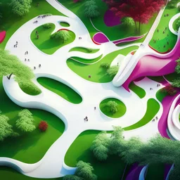 Vista aérea Parque infantil juegos estilo Zaha Hadid obra de arte digital detallada color blanco crema y violeta rojo imperial impactante árboles verdes niños personas foto realista 8k