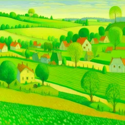 A lime green village near a field painted by Georges Seurat