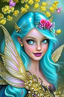 Beautyful smiling young woman,fairy wings women, warrior,sexi , fairy, fairies,deesse, flowers angel, long hair blond amazing blue eyes, flowers, happy cosmic, bright colors,,very blue, pink, gold, jewels,hair very, very very blond womesmiling,sexi, realistic, photo real, clear smiling background,beautiful gir highly detailed, high contrast, high definition, unreal engine 5, extremely sharp detail, light effect, sunny light background