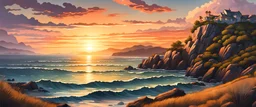 coastal, intricated details, sunset, hill background, realistic painting style, dramatic lighting