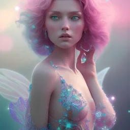 fairy, pink, blue, turquoise, beautiful, hyperrealism, masterpiece, expert, cinematic lighting, sharp focus, 8K, pastel, macro lens, woman, detailed, flower, galactic atmosphere