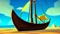 Small wooden ship, Legend Of Zelda: Wind Waker style, on a vast ocean, stylized, colorful, adventurous, no ships nor islands.