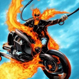 Ghost rider riding in hells flames doing a wheely