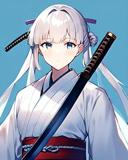 a portrait of an ancient japanese warrior, samurai, white clothes, katana, super detailed, bright colors,