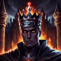 King with crown, Possessed, Glowing eyes, dark vibe, castle background,