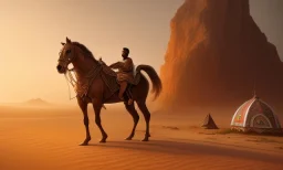 An ancient Arab poet next to a mare in the desert in front of a tent , full body, cinematic, 8k, resolution concept art portrait by Greg Rutkowski, Artgerm, WLOP, Alphonse Mucha dynamic lighting hyperdetailed intricately detailed