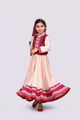 simple background, full body of very pretty little girl in azeri dance wearing A long underdress or shirt, often made of silk,A fitted, often velvet or brocade, jacket worn over the shirt.Wide, bell-shaped skirts are worn, often long and layered to create beautiful movements while dancing, with a long lace scarf at back of her head,in relax pose in front of camera