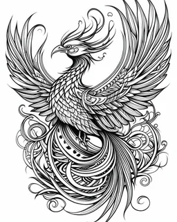 realistic Phoenix tattoo idea, line art, background, vector, svg, black outline on white background, leave plenty of white space beetween lines for coloring, tattoo style, tattoo idea,full body