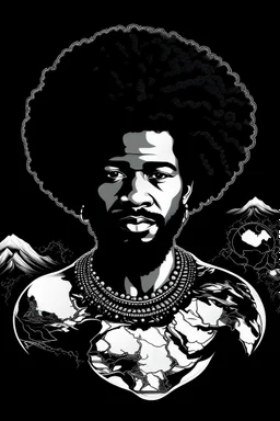 Illustrate the biblical account of God is black with a afro creating the world in six days. make this in coloring book format make him look like he is in creating the world