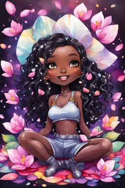 A sassy futurism watercolor colorful art cartoon black chibi girl lounging lazily on her side, surrounded by colorful magnolia flower petals. Looking up coyly, she grins widely, showing her platinum and diamond cap teeth. Highly detailed black shiny dread locs , regal expression.