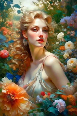 A very beautiful woman in the garden? unusual flowers, very cute, smooth, active sequins, elegant fantasy, intricate, 8k, oil on canvas, beautiful, high detail, fantastic view, hyperrealistic, over-detailed, clear quality, colorful, artgerm, Alphonse Mucha, Catherine Abel. Catherine Welz Stein. Dmitry Vishnevsky. Gustav Klimt, R. Giger. Jacek Yerka. Josephine Wall, Carrie Ann Baade