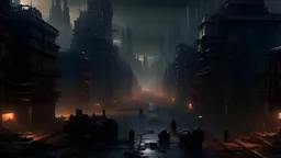 dark cyberpunk fantasy wide view of city environment with piles of robots