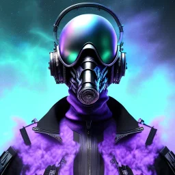 full body apocalyptic purple masked villain in galaxy, teal and purple smoke, detailed, realistic, 4k