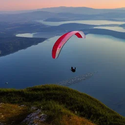 A photo of a paraglider over mountain lakes, in Bulgaria in the early morning. The sky is bright and the air is crisp.