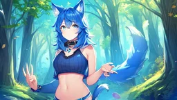 Girl look like wolf, wolf paws on hand , animal paws, wolf ears, wolf tail,blue hair, open navel, one house, forest, collar on neck.