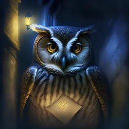 owl face in night with hogwarts letter in mouth