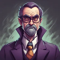 A professor who is actually an imposter with a sinister expression on his face, in card art style