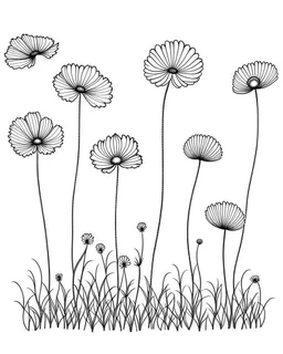 set of growing wind flower on the grace on ground, ONE lineS art, white background, minimalis, different view, only white bakcground solid.black ink