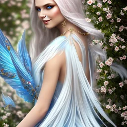 Fantasy cute fairy with wings, smiling, make up, long blond platinum hair, blue eyes, crown, beautiful dress, flowers in background, HQ