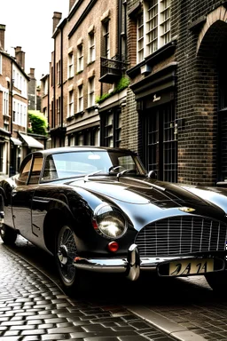 An elegant (((vintage English sports car))), with a sleek contour and luxurious details, poised confidently against a backdrop of a (charmingly quaint cobblestone street)
