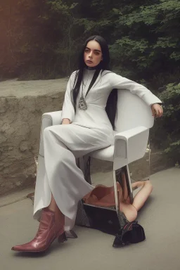 Billie Eilish, sitting on a chair, Black Short Dress, high detail, realistic, 8k