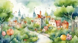 Create a charming and whimsical urban illustration in a watercolor style featuring a lively landscape with greeneries. The scene should evoke a sense of magic and playfulness, making it an enchanting visual for young readers. Emphasize vibrant colors, friendly expressions on the flower faces, and an overall delightful atmosphere. Let the illustration capture the imagination, making it a perfect addition to a children's book or any playful setting.