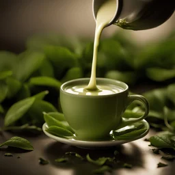 beautiful green tea leaves fallen into the creamy texture of a splash of milk