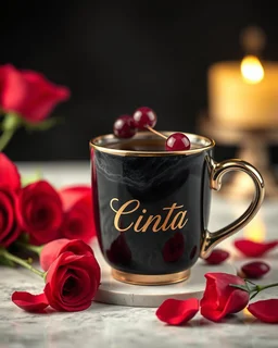 . coffee cup covered with black agate and ruby ​​in the form of cherries, as realistic as possible, 5D, photorealistic,under the inscription the text 'Dewi Cinta' in detail emboss cursive letters, near red roses, ultra dark background HD 64k studio hyperrealism lightning light reflection