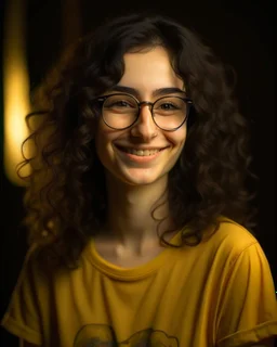 Jeune femme au sourire éclatant, longue et élancée, petit nez, cheveux noirs, longs, bouclés et volumineux, porte de grandes lunettes rondes à la monture transparente. Elle porte un t-shirt de couleur jaune moutarde avec une chemise florale transparente. Rembrandt style lighting, 8k, portrait, HD.