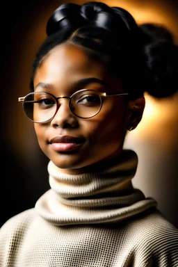 (Halle Bailey mixed with Vanessa Hudgens) is biracial and has soft dark brown European hair styled in an elegant bun, soft chubby rounded face, rounded soft eyebrows, very short neck, realistic rectangle-shape body, flat top of head, wears eyeglasses, small chest. She is wearing a beautiful feminine modest turtleneck wholesome Edwardian linen billowing ruffles layered voluminous bustle tea gown with feminine details and multiple petticoats underneath her skirt. She has Edwardian gloves on.