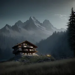 Five hunting people, sense of fear, mountain hut in the background, Alps, night sky, 8k, HD, cinematography, photorealistic, Cinematic, Color Grading, Ultra-Wide Angle, Depth of Field, hyper-detailed, beautifully color-coded, insane details, intricate details, beautifully color graded, Cinematic, Color Grading, Editorial Photography, Depth of Field, DOF, Tilt Blur, White Balance, 32k, Super-Resolution, Megapixel, ProPhoto RGB, VR, Halfrear Lighting, Backlight, Natural Lighting, Incandes
