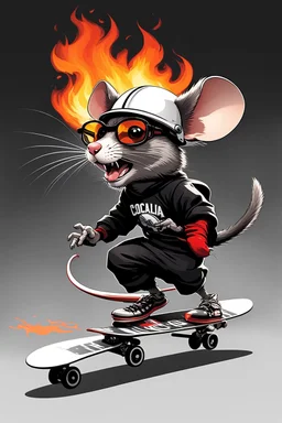 A rat on a skateboard, with glasses and a helmet; the rat laughs; fire coming from behind; cartoon style White ando black colors, with the text "FISCALIA COLOMBIA"