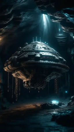 A small strange spaceship in side Si-Fi, The cave of Batman atmospheric lighting effects, intricate industrial details, moody atmosphere, eerie grimdark ambiance, complex motherboard accents, speculative fiction art. Bokeh