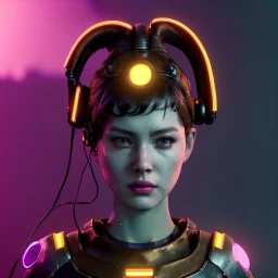 Pretty cyber woman, short hair, sci-fi, rounded face, black, gold, brown, samurai style, retro, simetric, neon style, a lot of led lights, fog, rain, leather, vibrant color, highly detailed, art stations, concept art, smooth, unreal engine 5, god rays, ray tracing, RTX, lumen lighting, ultra detail, volumetric lighting, 3d, finely drawn, high definition, high resolution.