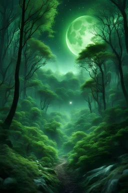 a translucent moon, with dust particles, looking down at a beautiful green fantasy forest