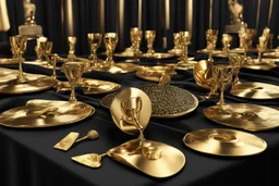 Close-up of a table with black velvet tablecloth with many Grammy Awards lined up side-by-side in perfect order, dramatic natural lighting, 3d Octane Render, photorealistic, hyperdetailed, shiny polished gold.