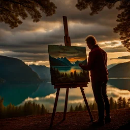 Long shot of an 18th century painter painting on an easel in nature taken from behind, in the background of a fjord in Norway with turquoise water, forested mountains reflected in the fjord, cloudy sky, sunset time, hyperrealistic shot, wide lens, 24K