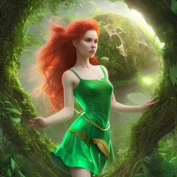 realistic style, barefoot pixie adult woman with red hair holding a bow with her head raised looking upwards, aura of wild magic, wearing a green dress, particulars, centered, sharp focus, 8k, uhd, detailed eyes, realistic shaded volumetric lighting, centered camera view, background mushroom grotto